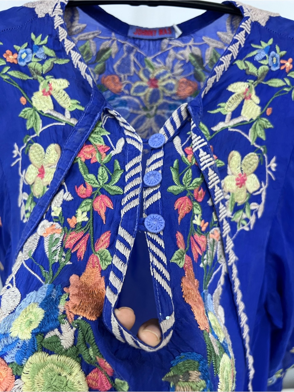Johnny Was vibrant Blue Embroidered intricate bird floral V-Neck Tunic XL - Picture 11 of 14
